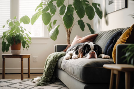 Black and white dog laying on couch next to potted plant. Generative AI.の素材