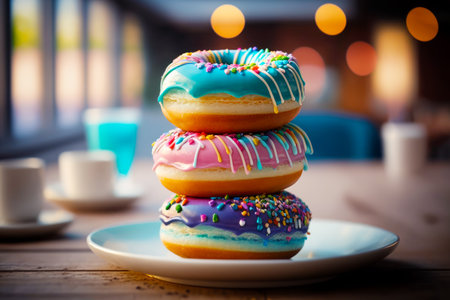 Stack of donuts sitting on top of white plate on wooden table. Generative AI.の素材