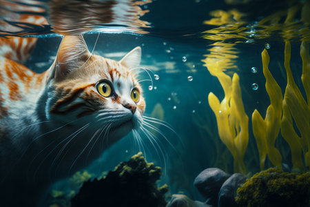 Close up of cat swimming in body of water near rocks and plants. Generative AI.の素材