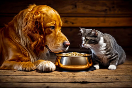Dog and cat eating food out of bowl on table. Generative AI.の素材