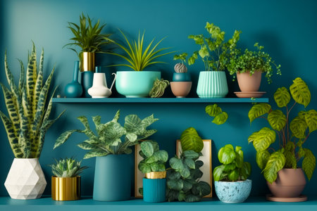 Shelf filled with potted plants on top of blue wall next to other potted plants. Generative AI.の素材