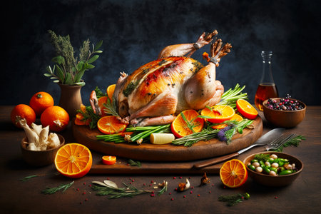 Roasted turkey on platter surrounded by oranges, herbs, and glass of wine. Generative AI.の素材