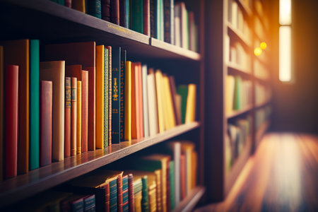 Bookshelf filled with lots of books on top of hard wood floor. Generative AI.の素材