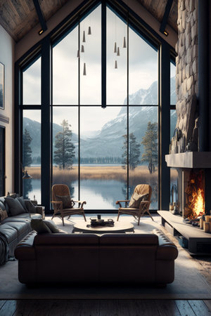 Living room filled with furniture and fire place in front of large window. Generative AI.の素材