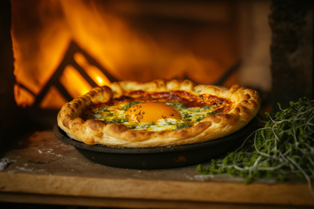 Pie with an egg on top sitting in front of fire. Generative AI.の素材