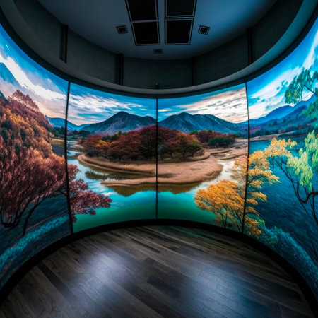 Room with three large screens showing an image of lake and mountains. Generative AI.の素材