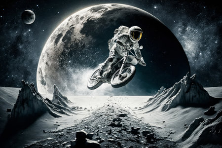 An image of a person riding a motorcycle on the moon. Generative AI.の素材