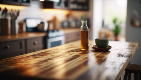 Cup of coffee sits on top of wooden table. Generative AI.の素材