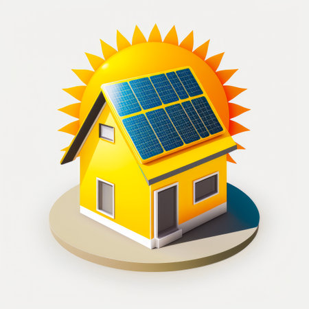 Yellow house with solar panels on top of it. Generative AI.の素材