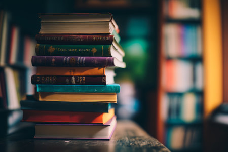 Stack of books on table in front of bookshelf. Generative AI.の素材