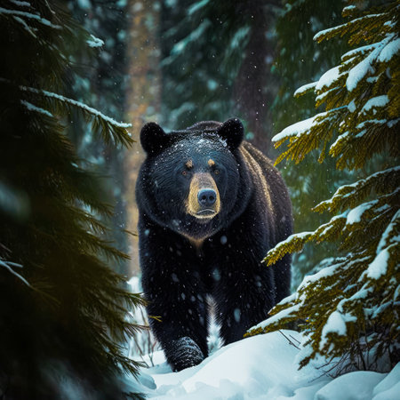 Black bear walking through snowy forest. Generative AI.の素材