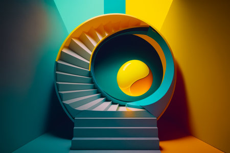 Spiral staircase with yellow ball in the center of the spiral stairs, with multicolored background. Generative AI.の素材