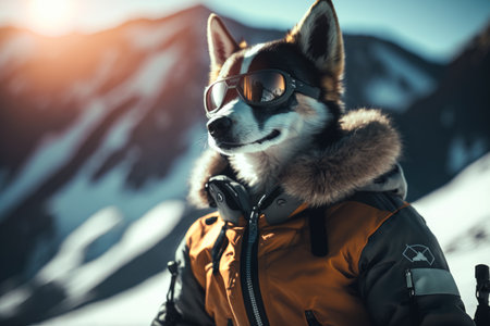 Dog wearing jacket and goggles standing in front of snow covered mountain. Generative AI.の素材