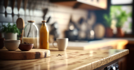 Close up of kitchen counter with various items on it. Generative AI.の素材