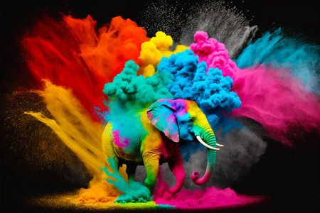 Colorful elephant standing in front of black background with colored smoke coming out of it. Generative AI.の素材