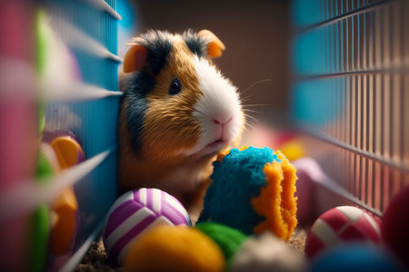 Close up of hamster in cage surrounded by easter eggs and toys. Generative AI.の素材