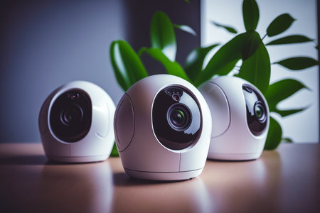 Three security cameras sitting on table in front of plant. Generative AI.の素材
