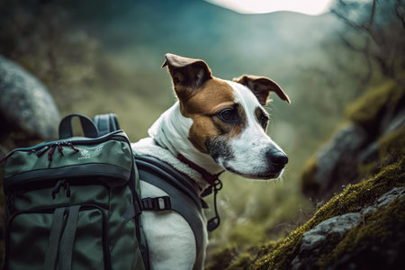 Brown and white dog with backpack on it's back standing in the grass. Generative AI.の素材
