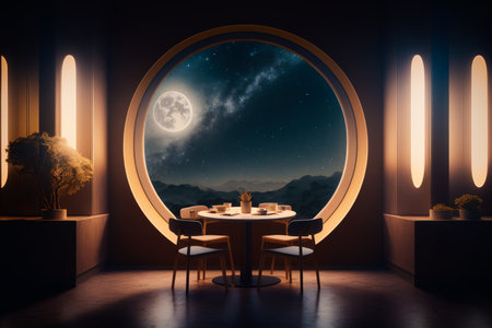 Round window with view of the night sky and full moon in the distance. Generative AI.の素材