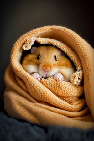 Hamster wrapped in blanket looking out from it's burr hole in blanket. Generative AI.の素材