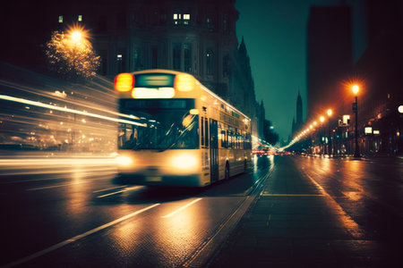 City bus driving down street at night with lights streaking down the street. Generative AI.の素材