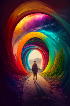 Man standing in the middle of the tunnel with rainbow colored sky in the background. Generative AI.の素材