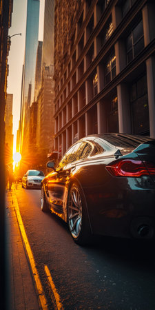 Car parked on the side of street next to tall building. Generative AI.の素材
