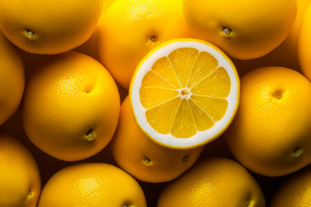 Group of lemons with one cut in half and the other whole. Generative AI.の素材