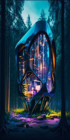 Futuristic building in the middle of the forest with trees in the background. Generative AI.の素材
