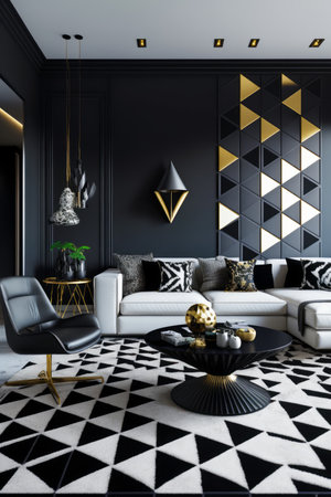 Living room with black walls and white couch and black and gold coffee table. Generative AI.の素材