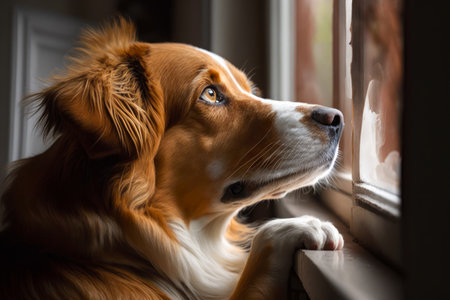 Brown and white dog looking out of window at something in the distance. Generative AI.の素材