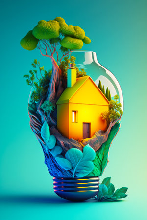 Glass vase with house inside of it and tree growing out of it. Generative AI.の素材