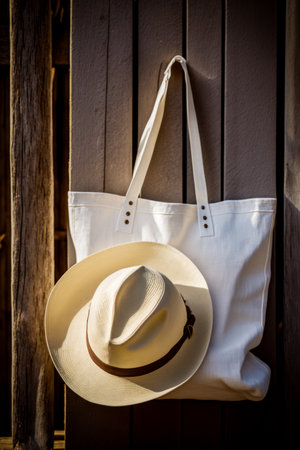 White hat and white tote bag hanging on wooden wall. Generative AI.の素材