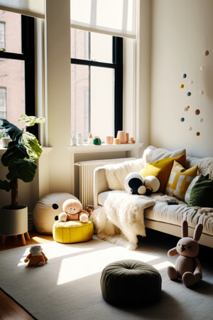 Living room filled with lots of furniture and potted plant next to window. Generative AI.の素材