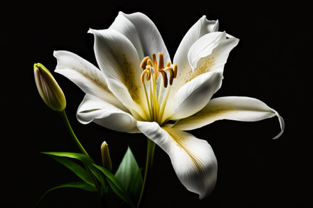 Close up of white flower with green leaves on black background. Generative AI.の素材