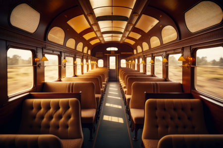 Train car filled with lots of seats next to wall of windows. Generative AI.の素材