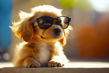 Small dog wearing pair of sunglasses on top of it's head. Generative AI.の素材