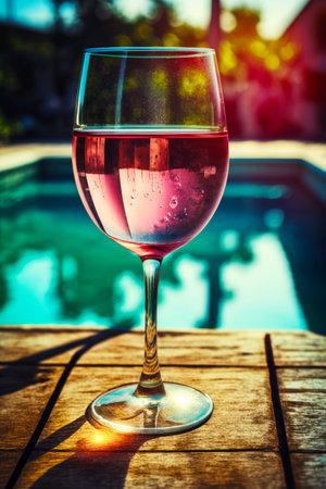 Glass of wine sitting on top of wooden table next to the pool. Generative AI.の素材
