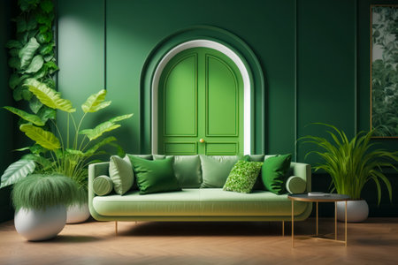 Living room with green door and green couch with green pillows. Generative AI.の素材