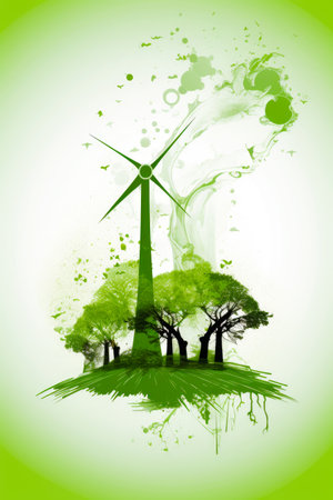 Green landscape with trees and wind turbine in the middle of it. Generative AI.の素材