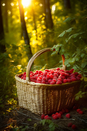 Wicker basket full of raspberries in forest with sunlight shining through the trees. Generative AI.の素材