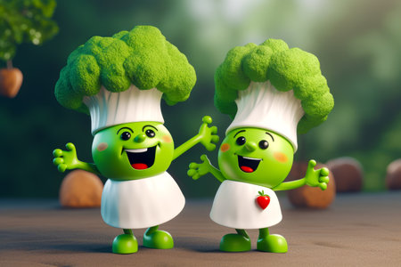 Couple of green vegetables standing next to each other on top of table. Generative AI.の素材