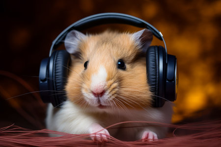 Hamster with headphones on it's ears looking at the camera. Generative AI.の素材