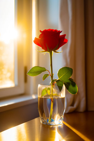 Single red rose in glass of water on window sill. Generative AI.の素材