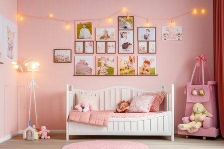 Girl's bedroom with pink walls and pictures on the wall above the bed. Generative AI.の素材