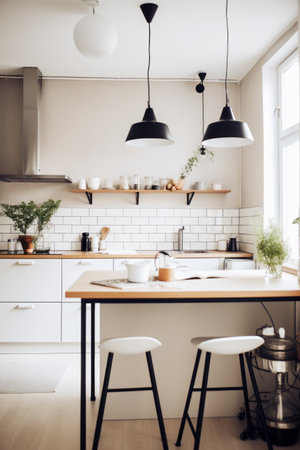 Kitchen with two stools and table in front of window. Generative AI.の素材