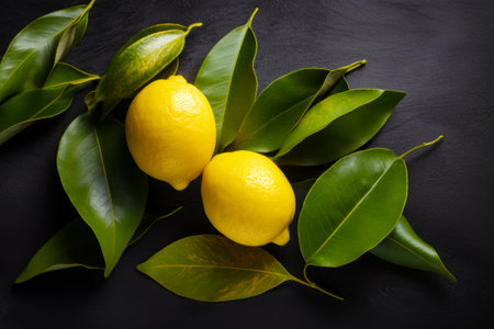 Couple of lemons sitting on top of green leafy branch. Generative AI.の素材