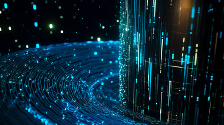 Blue abstract background with lines and dots in the middle of the image. Generative AI.の素材