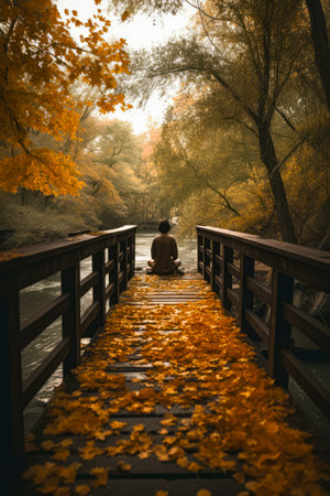 Person sitting on the bridge in the middle of the forest with leaves on the ground. Generative AI.の素材