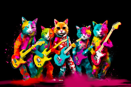 Group of cats that are standing in the air with guitars in their hands. Generative AI.の素材